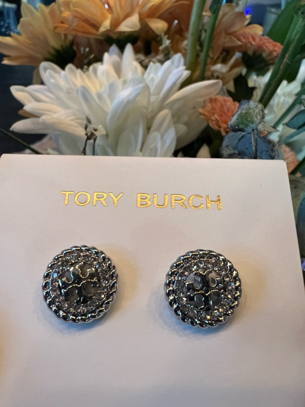 Tory Burch Silver Pave Crystal Earrings .